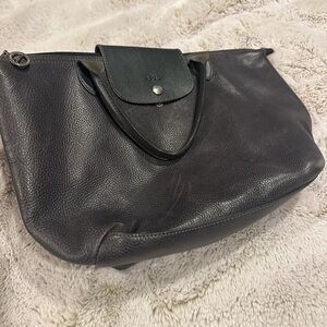 Longchamp Le Pliage Grey All Leather Classic Timeless Shoulder Tote‎ Bag